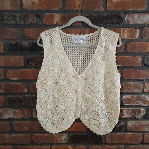 Vintage Jon Christy Hand Crocheted Vest  in Cream Bohemian Cottagecore Women's L